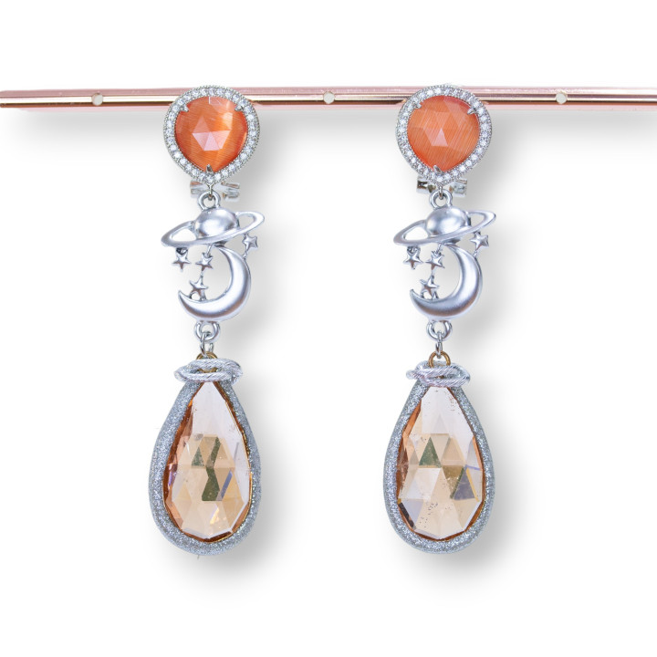 Bronze And Zircon Stud Earrings With Cat's Eye And Glitter