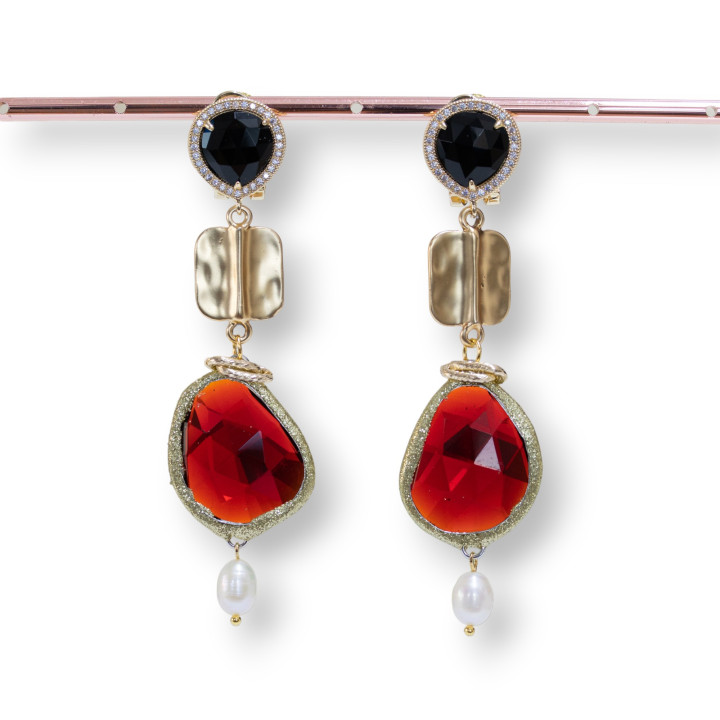 Pendientes Bolitas De Bronce Y Circonitas Con Ojo De Gato Y Purpurina Y Componente Rectangular De Zamak Y Perlas Doradas