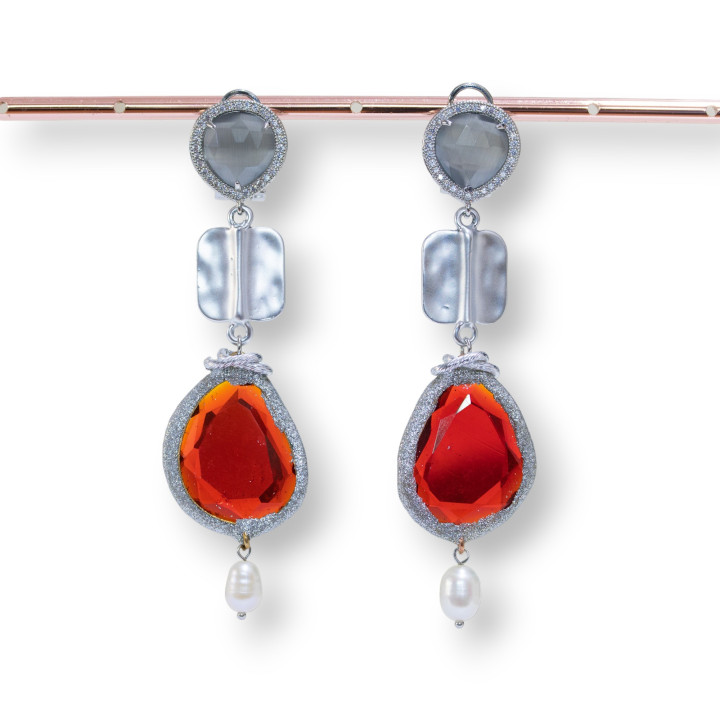 Bronze and Zircon Stud Earrings with Cat's Eye and Glitter and Rectangular Zamak Component and Rhodium Pearls