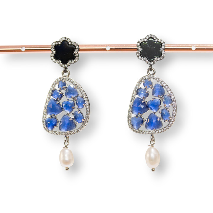 Pendientes Bolitas De Bronce Y Circonitas Con Ojo De Gato Incrustado Y Nácar Con Perlas De Río Negras Y Azules