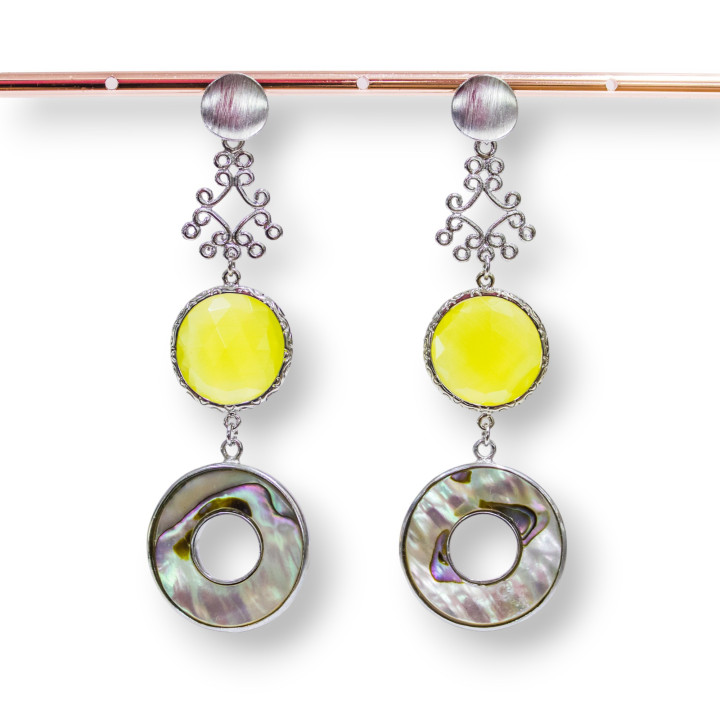 Bronze Stud Earrings With White Mother-of-Pearl Elements And Yellow Cat's Eye