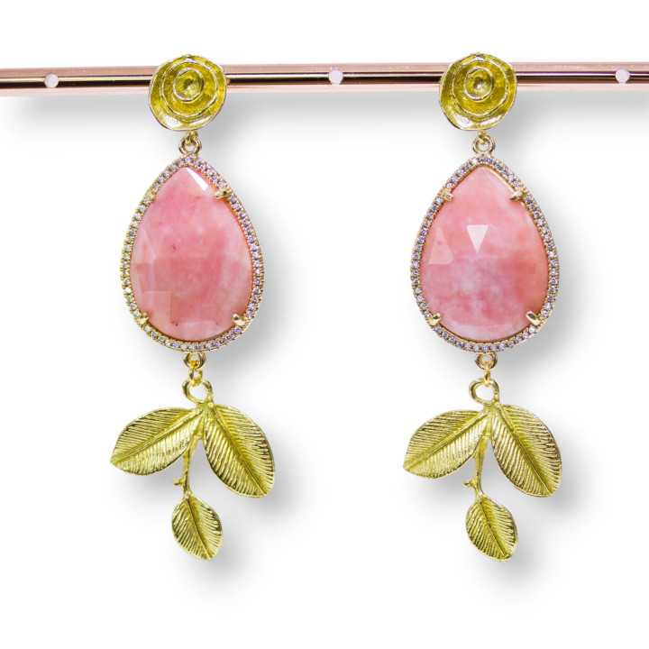Boucles D'oreilles Tiges Oeil De Chat En Bronze Bordées De Zircons Et De Feuilles De Bronze En Peau D'ange Rose