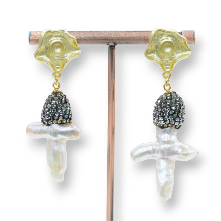 Boucles d'oreilles tige bronze mat avec pendentif perles de rivière baroques et marcassite 18x50 mm