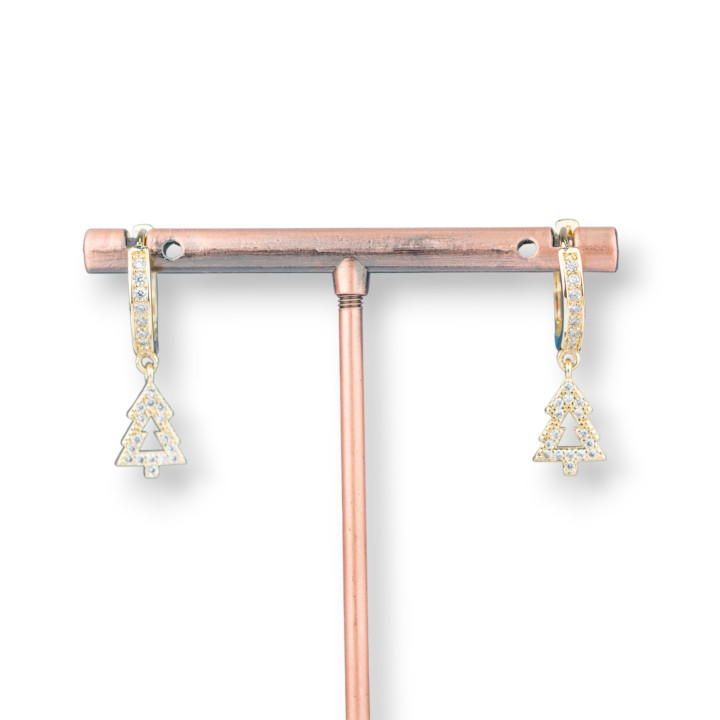 Pendientes Bolitas De Bronce Con Circonitas Y Colgante Fantasía 9x26mm Arbol Blanco Dorado