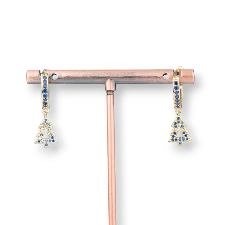 Orecchini Perno Di Bronzo Con Zirconi E Pendente Fantasia 9x26mm Albero Dorato Blu