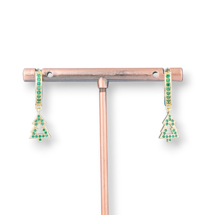 Boucles D'oreilles Tiges Bronze Avec Zircons Et Pendentif Fantaisie 9x26mm Arbre Vert Doré