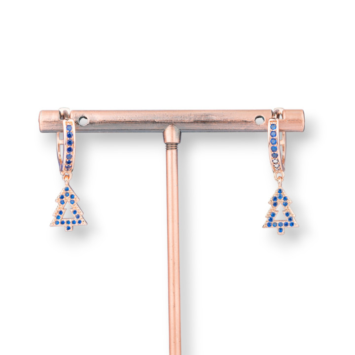 Bronze Stud Earrings With Zircons And Fantasy Pendant 9x26mm Tree Rose Gold Blue