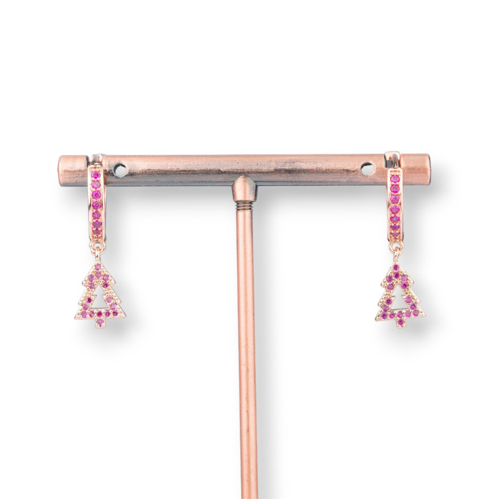 Bronze Stud Earrings With Zircons And Fantasy Pendant 9x26mm Tree Rose Gold Pink