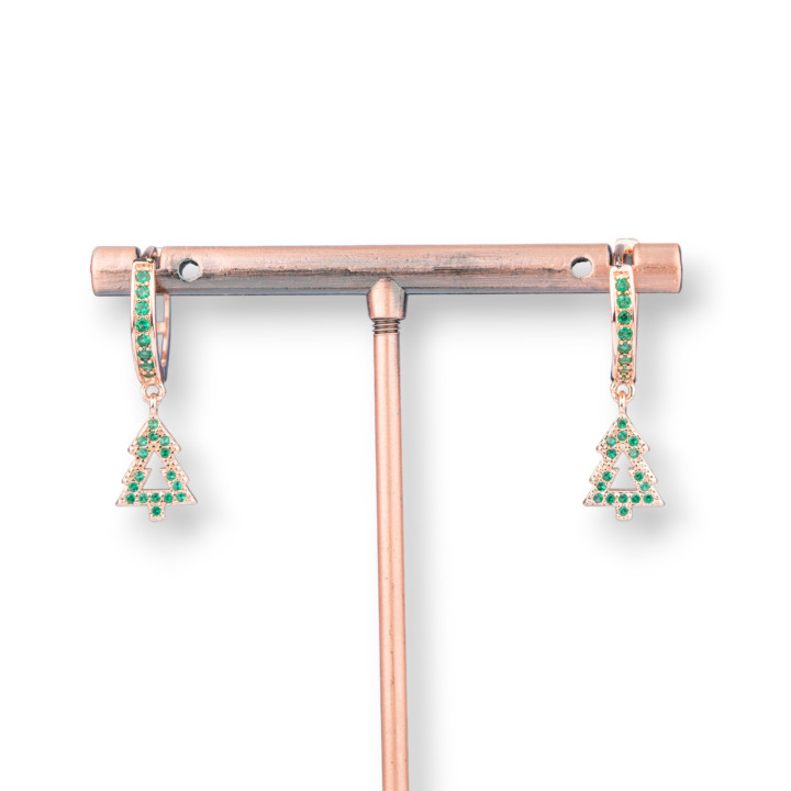 Pendientes Bolitas De Bronce Con Circonitas Y Colgante Fantasía 9x26mm Oro Rosa Arbol Verde