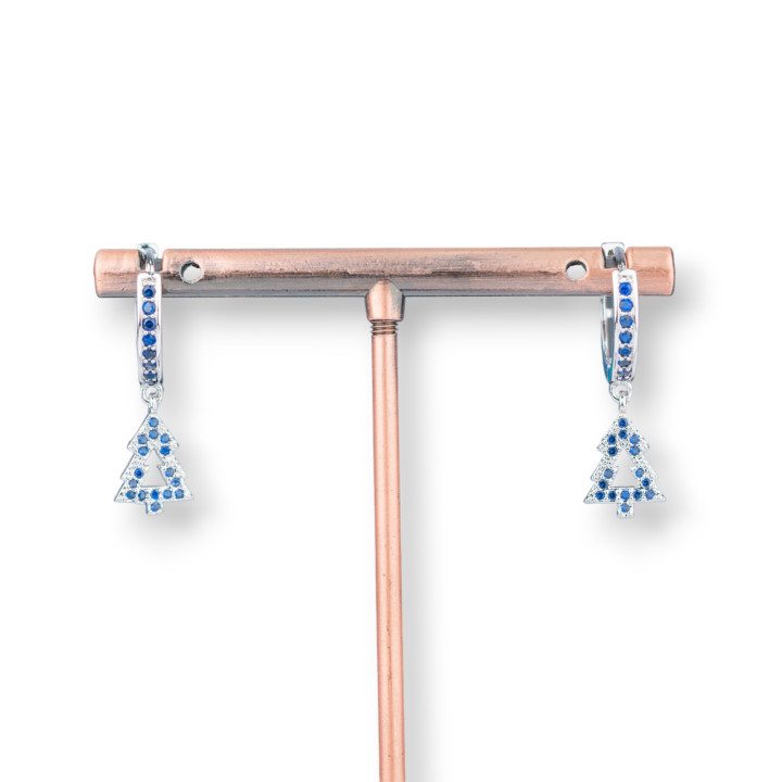 Pendientes Bolitas De Bronce Con Circonitas Y Colgante Fantasía 9x26mm Árbol Azul Baño De Rodio