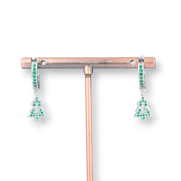 Bronze-Ohrstecker mit Zirkonen und Fantasie-Anhänger 9 x 26 mm grüner Rhodiumbaum