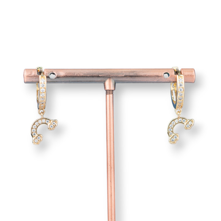 Boucles D'oreilles Tiges Bronze Avec Zircons Et Pendentif Fantaisie 9x26mm Rainbow Doré Blanc