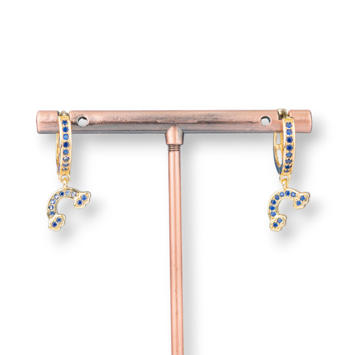 Boucles D'oreilles Tiges Bronze Avec Zircons Et Pendentif Fantaisie 9x26mm Rainbow Doré Bleu