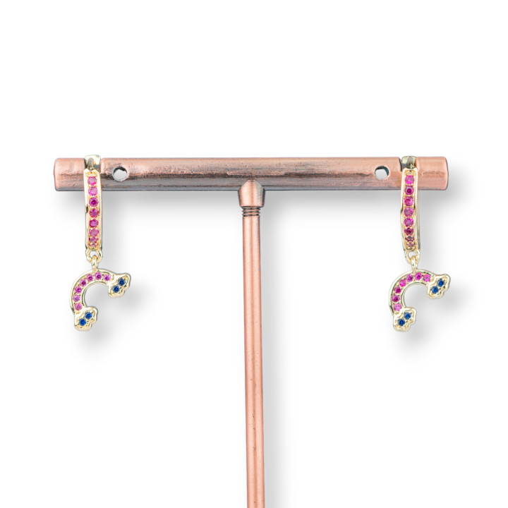 Bronze Stud Earrings With Zircons And Fantasy Pendant 9x26mm Rainbow Golden Pink 2