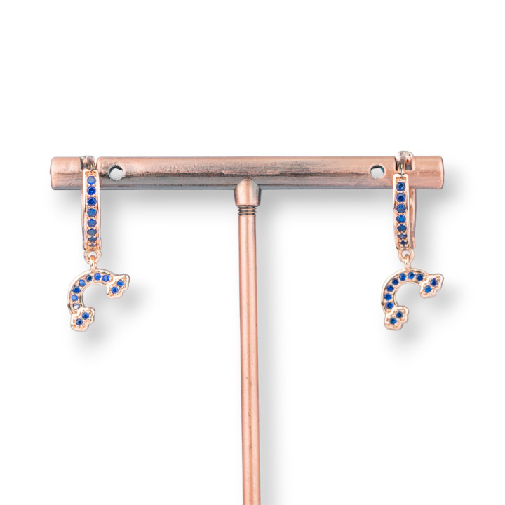 Μπρούτζινα καρφωτά σκουλαρίκια με ζιργκόν και κρεμαστό μενταγιόν Fantasy 9x26mm Rainbow Rose Gold Blue