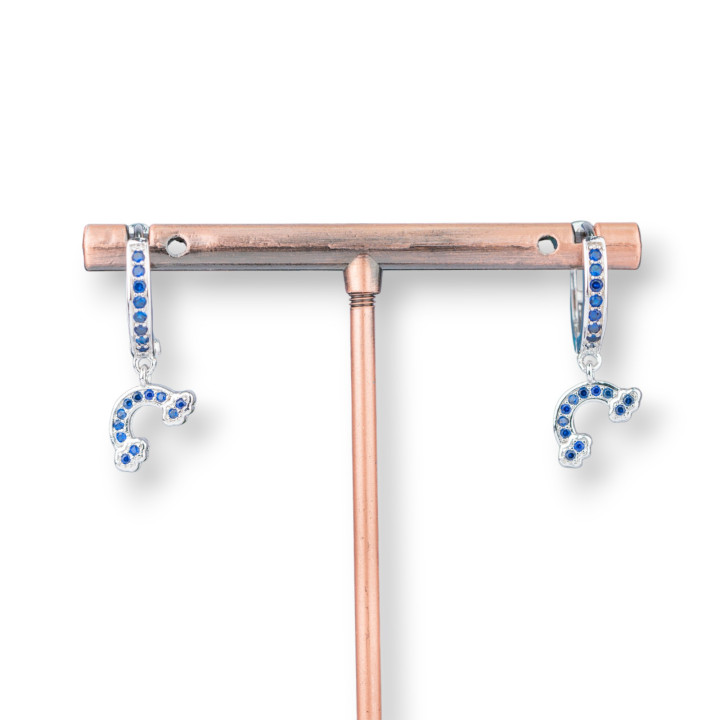 Boucles D'oreilles Tiges Bronze Avec Zircons Et Pendentif Fantaisie 9x26mm Rainbow Blue Rhodium