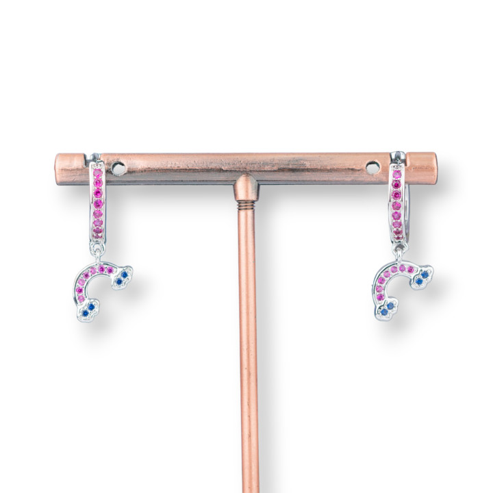 Bronze Stud Earrings With Zircons And Fancy Pendant 9x26mm Rainbow Rhodium Plated Pink And Blue