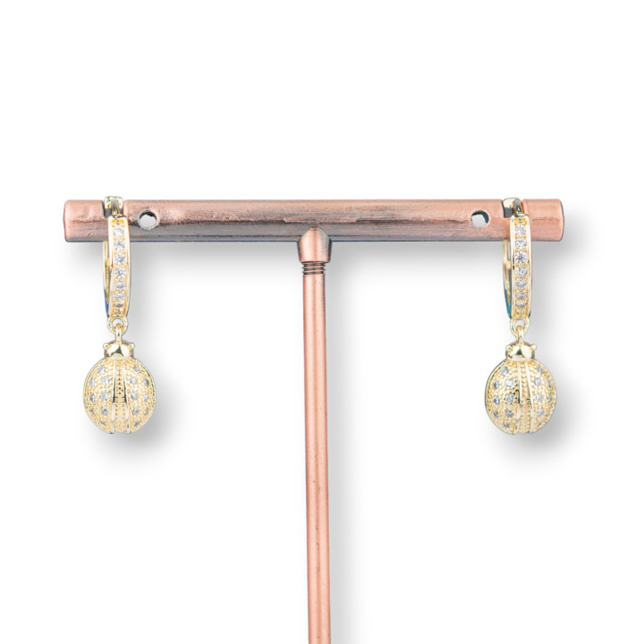 Boucles D'oreilles Tiges Bronze Avec Zircons Et Pendentif Fantaisie 9x26mm Coccinelle Blanc Doré