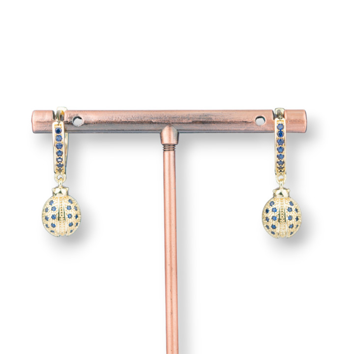 Μπρούτζινα καρφωτά σκουλαρίκια με Ζιργκόν και κρεμαστό κόσμημα Fantasy 9x26mm Πασχαλίτσα Χρυσό Μπλε