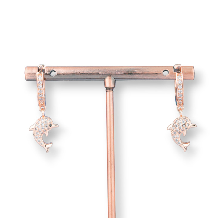 Pendientes Bolitas De Bronce Con Circonitas Y Colgante Fantasía 9x26mm Delfín Oro Blanco Rosa