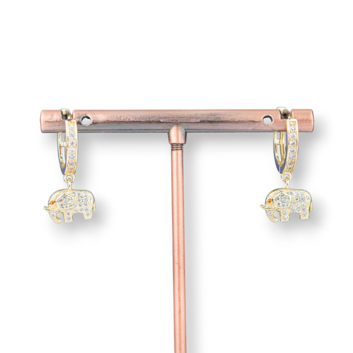 Μπρούτζινα καρφωτά σκουλαρίκια με ζιργκόν και κρεμαστό κόσμημα φαντασίας 9x26mm Λευκός χρυσός ελέφαντας