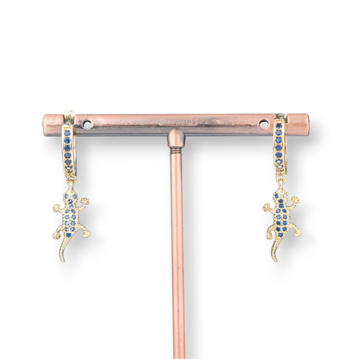 Bronze-Ohrstecker mit Zirkonen und Fantasie-Anhänger 9x26mm Gecko Golden Blue