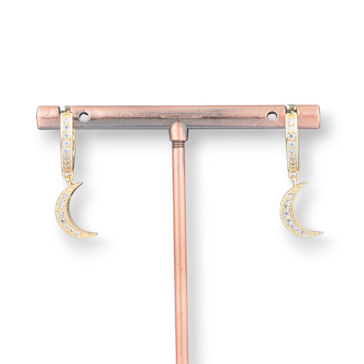 Μπρούτζινα καρφωτά σκουλαρίκια με Ζιργκόν και κρεμαστό κόσμημα Fantasy 9x26mm Moon White Golden