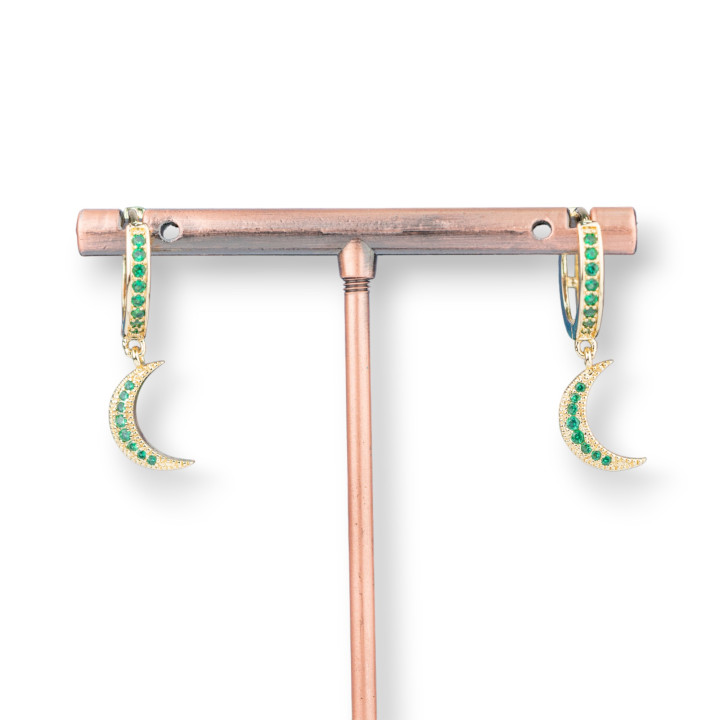 Orecchini Perno Di Bronzo Con Zirconi E Pendente Fantasia 9x26mm Luna Dorato Verde
