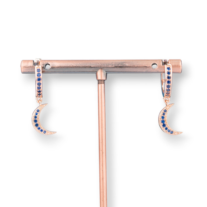 Bronze Stud Earrings With Zircons And Fantasy Pendant 9x26mm Moon Rose Gold Blue