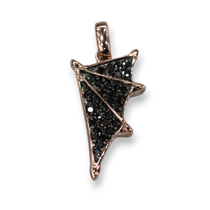 Pendenti Ciondolo Di Argento 925 Con Zirconi - Ala 14x28mm Rose' Nero