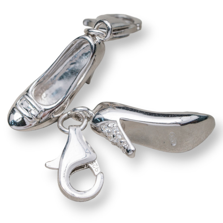 925 Sterling Silver Charms Pendentif Chaussure Avec Noeud Et Zircons Sur Le Talon Avec Mousqueton 4Pcs
