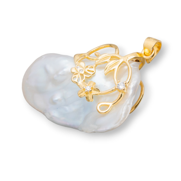 925 Silver Basket Pendant With Zircons And White Golden River Pearls