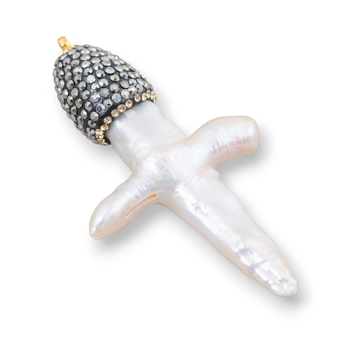 Pendente Di Perle Di Fiume A Croce Con Coppetta In Marcasite Strass 30-60mm 1pz