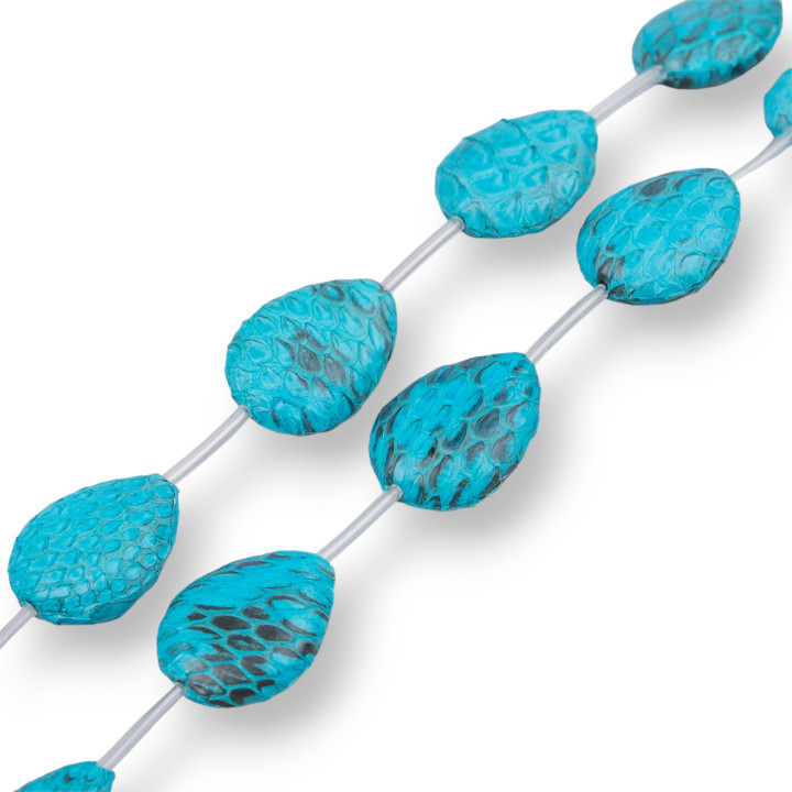 Cuentas de hilo Componente de cuero Piel de serpiente Gota plana 18x25mm 8pcs Turquesa