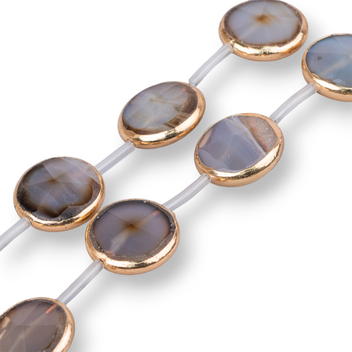 Strand Beads Brown Agate Component Round Flat Faceted Gold Edged 25mm 8pcs
