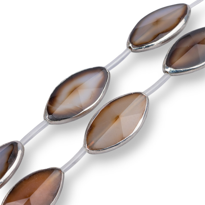 Strand Beads Black Agate Component Flat Oval Edge 20x40mm Plata 6pcs