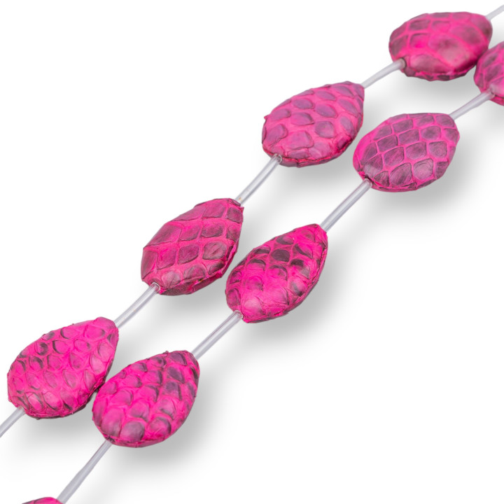 Perles Fil Composant Cuir Peau de Serpent Goutte Plate 18x25mm 8pcs Fuchsia