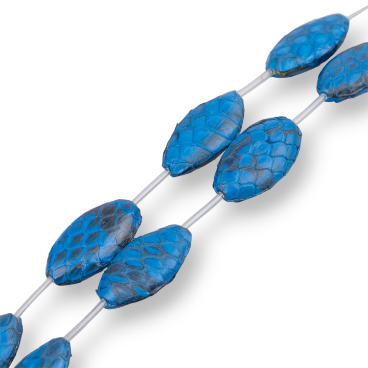 Cordon Perles Cuir Composant Peau de Serpent Plat Ovale 17x30mm 8pcs Bleu
