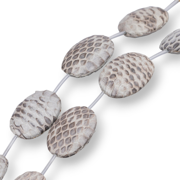 Cuentas de Hilo Componente de Cuero Piel de Serpiente Plana Ovalada 25x35mm 6pcs Gris