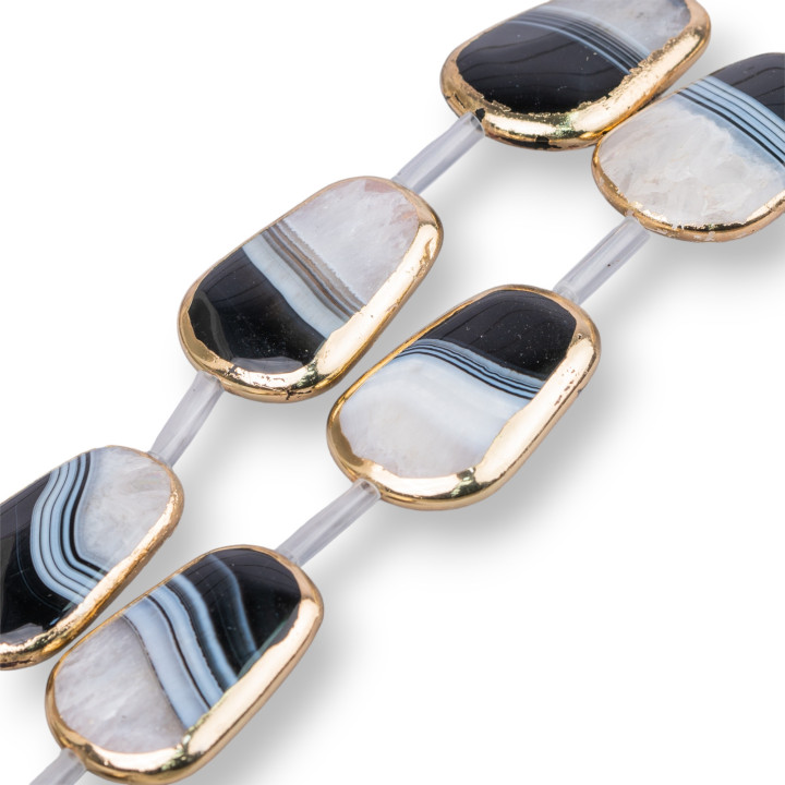Composants de perles en fil d'agate noire bordée d'or bicolore pierre plate 30x40mm 6pz