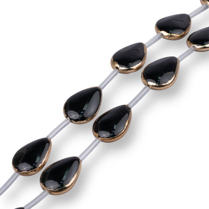 Strand Beads Components Of Black Agate Gold Edged Flat Drop 18x25mm 9pcs