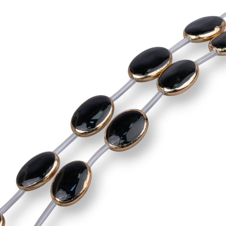 Strand Beads Components Of Black Agate Gold Edged Flat Oval 18x25mm 9pcs