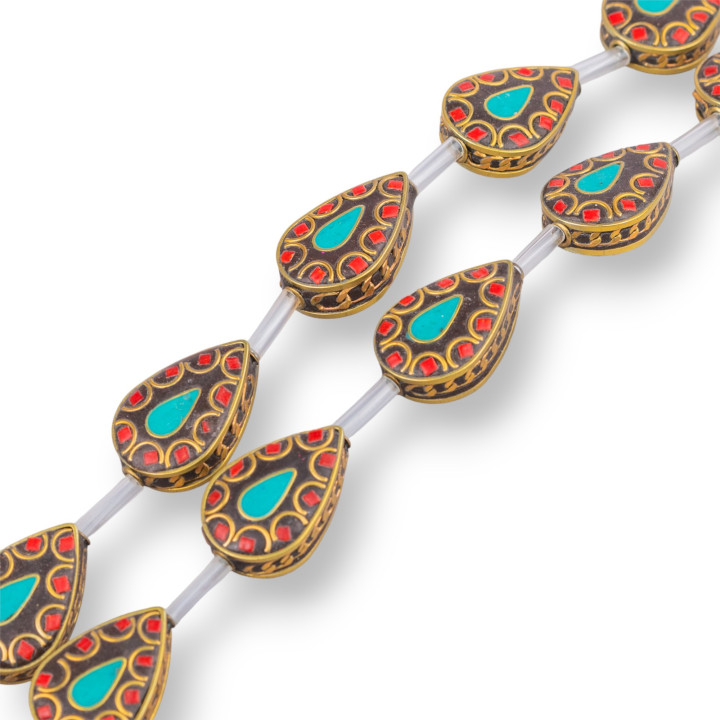 Strand Beads Tibetan Mosaic Components Flat Drops 17x26mm 8pcs