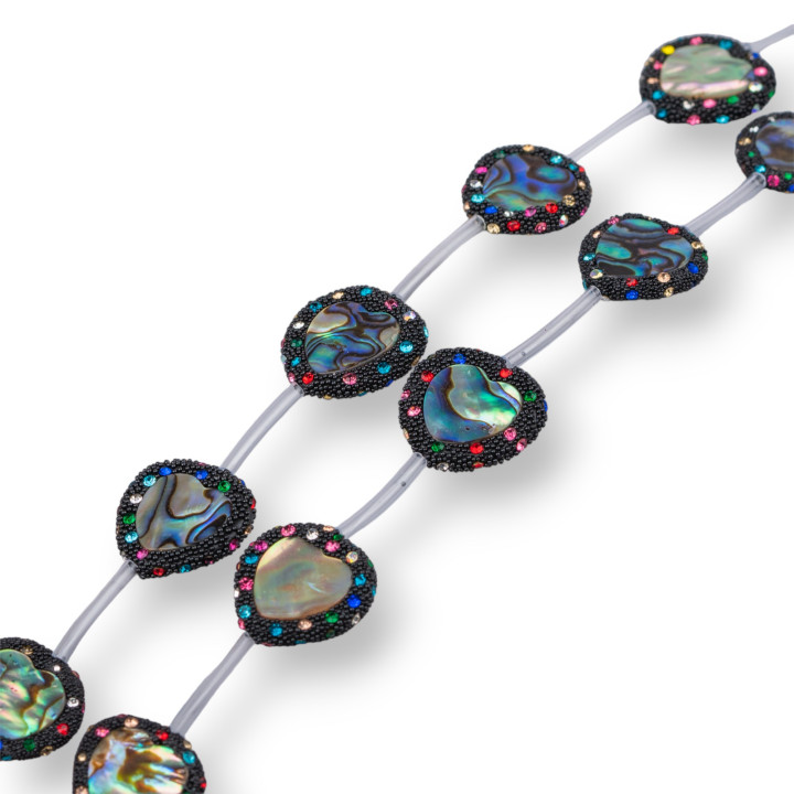 Perline A Filo Connettore Di Madreperla Nera Cuore Piatto 21mm Bordato Con Strass Multicolor 10pz