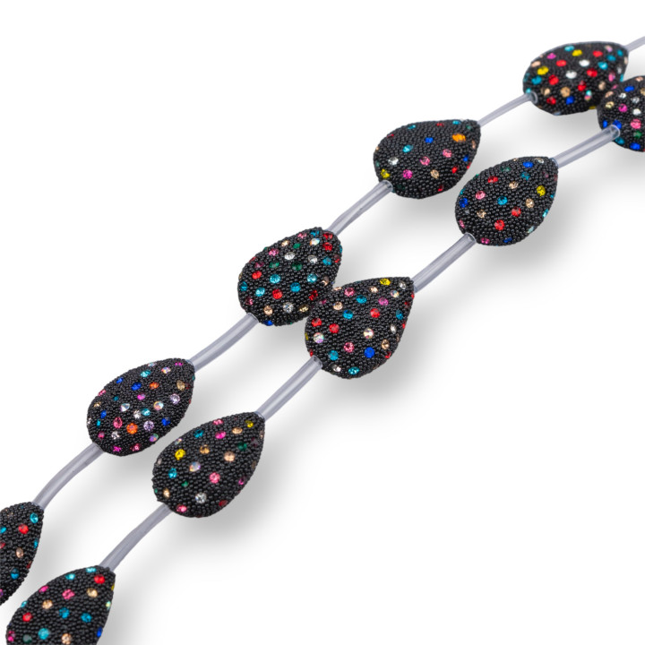 Perline A Filo Connettore Nero Con Strass Multicolor Goccia Piatta 15x23mm 10pz