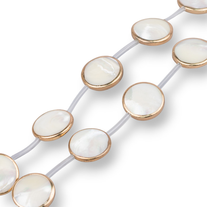 Λευκό Mother of Pearl Strand Χάντρες Στρογγυλές Επίπεδες Λείες χρυσές άκρες νόμισμα 20mm 9τμχ