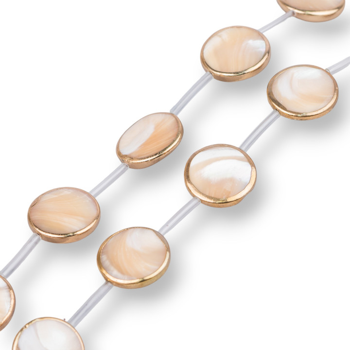 Mother of Pearl Strand Beads Cappuccino Round Flat Smooth Coin Gold Edged 20mm 9pcs
