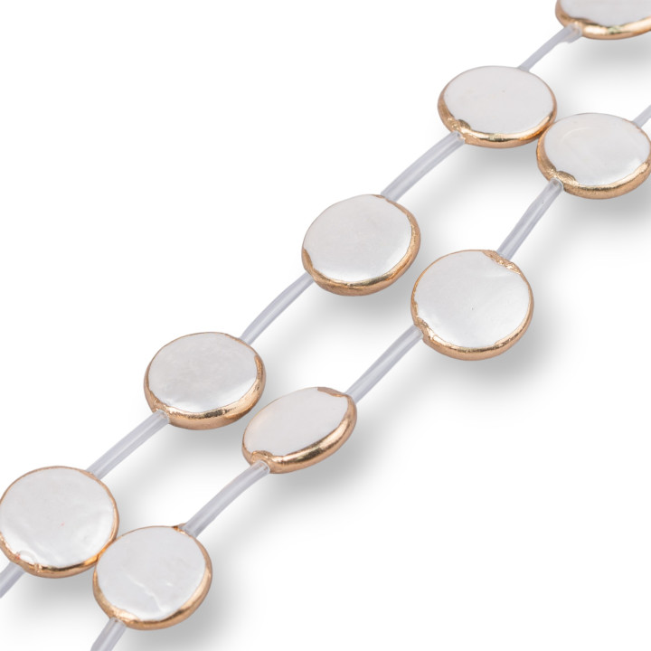 Majorcan Pearl Strand Beads Gold Edged Round Flat Smooth 18mm 10pcs White