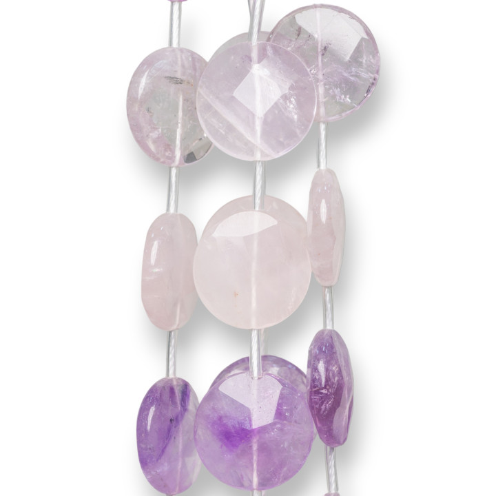 Gemischter Amethyst und Rosenquarz, rund, facettierte, flache Steine, 30 mm, 10 Stk