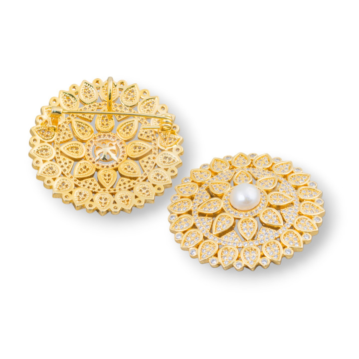 Broche En Laiton Avec Perles De Rivière Et Zircons Fantaisie Rosette 42mm